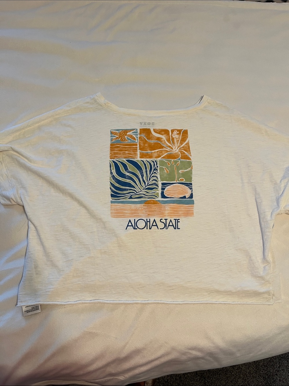 Women’s ROXY Aloha State White Graphic cropped Tee - Coastal Block Print